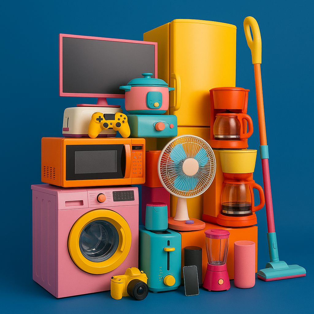 Montaña colorida de electrodomésticos y productos tecnológicos modernos sobre fondo azul oscuro. Incluye heladera amarilla, lavarropas rosa, microondas naranja, licuadora, ventilador, tostadora, aspiradora, cámara y otros gadgets.